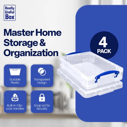 Vista 2 de Really Useful Box Contenedor apilable de plástico de 4 litros con tapa a presión y asas de bloqueo de clip integradas para organización del hogar