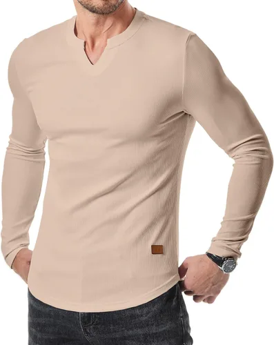 Vista 22 de JMIERR Camisetas de manga larga para hombre, estilo casual, cuello en V Negro+Blanco