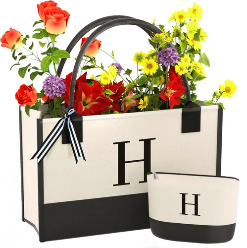 Vista 19 de Monogrammed Canvas Tote Bag with Zipper Pockets - Ideal Gift for Mom, Teacher, Sister