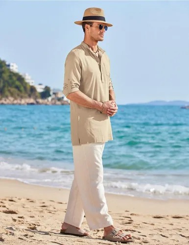 Vista 5 de COOFANDY Camisas Henley de lino para hombre, manga larga, ajuste regular, camisetas de playa Kurta con bolsillo