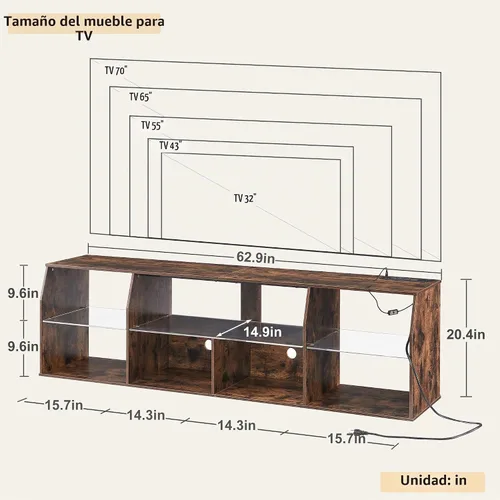Vista 2 de VECELO Soporte de TV LED para 55 pulgadas, centro de entretenimiento con tomas de corriente, gabinete de televisión industrial para sala de estar