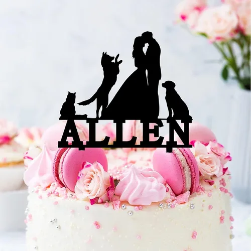 Vista 3 de Decoración para tartas de pareja con mascotas, dos perros y un gato, 5.9 pulgadas, acrílico, personalizable, fecha y nombre, novia y novio, tenedor