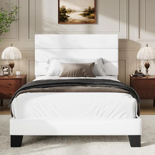 Vista 26 de WEEWAY Base de cama tamaño individual con cabecera tapizada de tela de lino y soporte de listones de madera, base de colchón resistente, no necesita