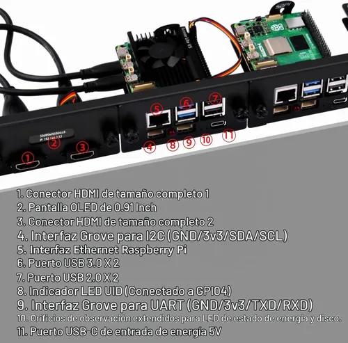 Vista 3 de GeeekPi Soporte de rack de 19 pulgadas para Raspberry Pi 5, con 4 adaptadores PCIe a M.2 NVMe SSD y pantalla OLED, compatible con rack de servidores