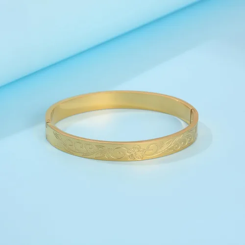 Vista 5 de Pulsera de acero inoxidable para mujer con flor de la vida grabada en oro, Acero inoxidable, No es una piedra preciosa