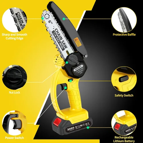 Vista 5 de Mini motosierra inalámbrica de 6 pulgadas, motosierra de mano ligera de 2.2 libras, funciona con batería recargable de 21 V y cargador, motosierra