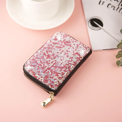 Vista 3 de AsAlways Funda con cremallera multicapa con diamantes de imitación RFID, cartera pequeña delgada para mujer, Rosado, Moderno
