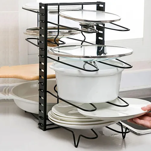 Vista 3 de Organizador ajustable para ollas y sartenes para armario de cocina, 8 niveles, organizador de ollas y sartenes, soporte de tapa expandible