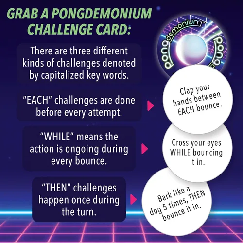 Vista 3 de MindWare Juego de fiesta Pongdemonium – Desafío de acción de ritmo rápido con temporizador, pelota rebotante y 55 cartas – Divertido juego