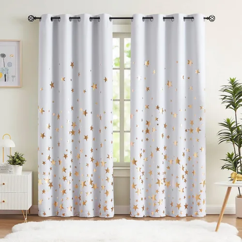 Vista 17 de Treatmentex Cortinas Blackout Completas Gold Star Negras para Dormitorio de Niños Varones, Paneles de Ventana con Acabado Metálico para Cuarto