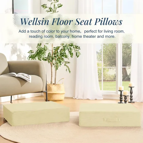 Vista 3 de Wellsin Cojines de Suelo Cuadrados Sólidos para Adultos y Niños - Cojín Grande de Suelo para Meditación y Asiento con Espuma Gruesa y Funda de Beige