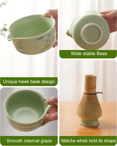 Vista 6 de Juego de batidor de matcha, juego de matcha de cerámica incluye cuenco matcha, batidor de matcha y soporte, cuchara de bambú, soporte para Verde