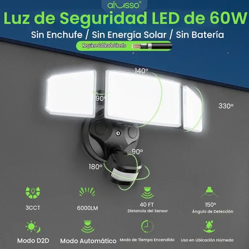Vista 3 de ALUSSO - Luces exteriores con sensor de movimiento de cabezales de metal Aluminio Negro 3 Modos
