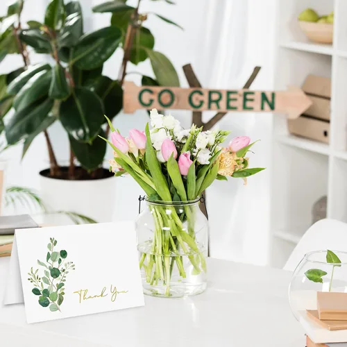 Vista 6 de Whaline Greenery - Tarjetas de agradecimiento a granel, paquete de 36 tarjetas de felicitación de eucalipto de papel dorado con sobres, calcomanías