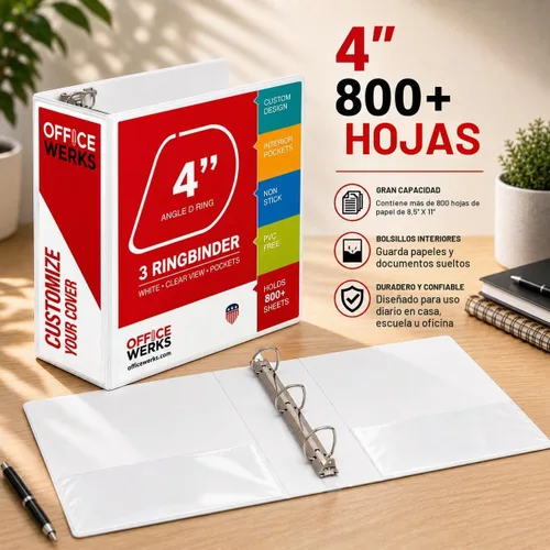 Vista 5 de Paquete de 2 carpetas de 3 anillos de 4 pulgadas, capacidad para 800 hojas, anillo en D resistente, color blanco
