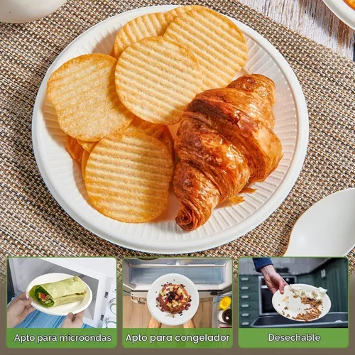 Vista 4 de Vplus Platos de papel pequeños 100% compostables, paquete de 300 platos de papel desechables de 6 pulgadas, biodegradables sin recubrimiento, hechos