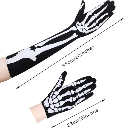 Vista 3 de 2 pares de guantes de esqueleto de Halloween, largos y cortos de calavera, guantes de hueso fantasma, para Halloween, cosplay, accesorios de fiesta
