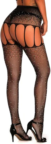 Vista 4 de AROOMVE Medias de diamantes de imitación brillantes para mujer medias de malla sexy de cristal