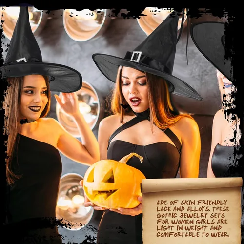 Vista 6 de Ramede 5 Pcs Halloween Witch Hat Accessories, Include Black Wide Brim Pointed Hat, Lace Bat Choker, Cool Earrings Gothic Jewelry Set, PU Leather