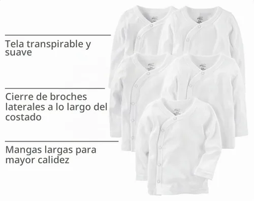 Vista 4 de Simple Joys by Carter's Paquete de 5 camisas de manga larga con cierre lateral para bebé Blanco