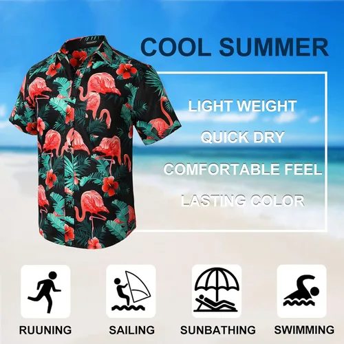 Vista 4 de Camisas hawaianas de manga corta para hombre, camisa Aloha casual con botones tropicales hawaianos florales de verano para fiesta en la playa