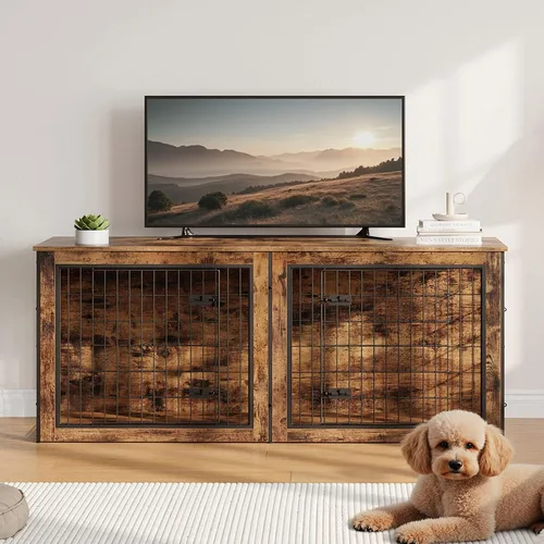 Vista 10 de HOOBRO Mueble de jaula para perros para 2 perros, mueble grande de 63 pulgadas para jaulas dobles con divisor, soporte de madera para interiores
