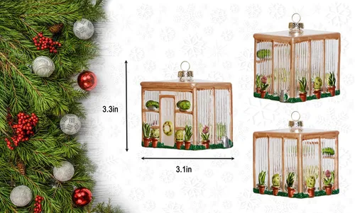 Vista 3 de Adorno de invernadero de vidrio soplado a mano y adorno de carretilla, juego de 2 adornos de jardín de vidrio para árbol de Navidad