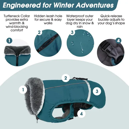 Vista 2 de QBLEEV Abrigo cálido para perro, chaqueta de invierno reflectante, impermeable, resistente al viento, ropa de cuello alto para perro para clima
