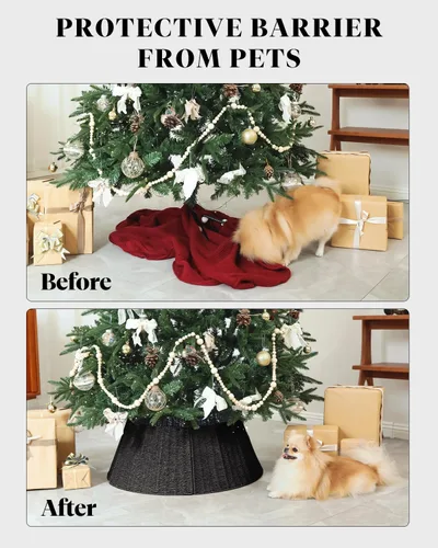 Vista 3 de Collar de Árbol de Navidad Rústico de Granja - Decoraciones de Navidad para Interiores - Cubierta Base de Mimbre Tejido de 28 Pulgadas para Árboles