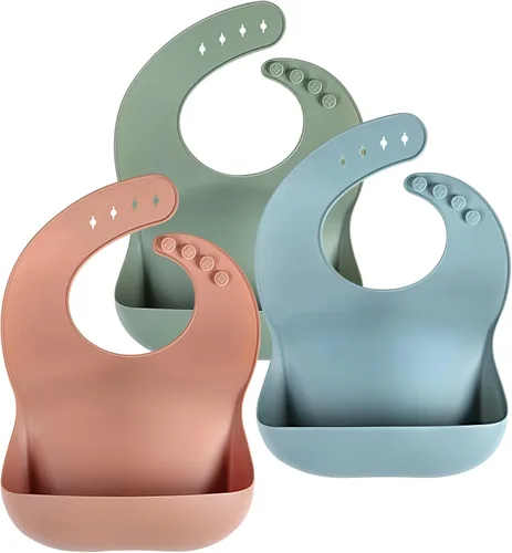 Vista 11 de Eascrozn Juego de 3 baberos de silicona para bebés y niños pequeños, sin BPA, suaves y ajustables impermeables para alimentos esenciales