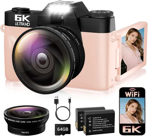 Vista 11 de Cámara digital 6K para fotografía con enfoque automático, cámara de videoblogs WiFi de 64 megapíxeles para YouTube con pantalla giratoria de 3