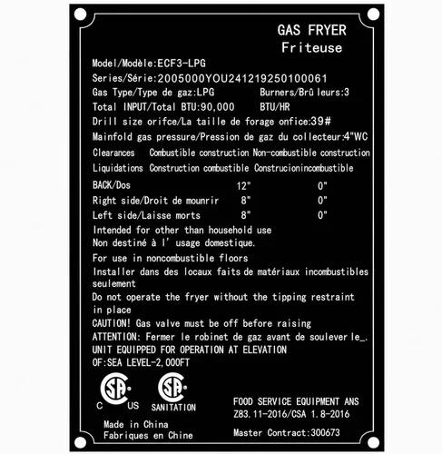 Vista 8 de EGGKITPO Freidora comercial de gas propano líquido, 3 quemadores, 90,000 BTU con certificación CSA, freidora comercial con capacidad de aceite de 40