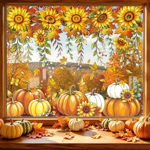 Vista 5 de Natonhi Adhesivos de ventana de otoño, calcomanías de girasol de calabaza Otoño-Naranja