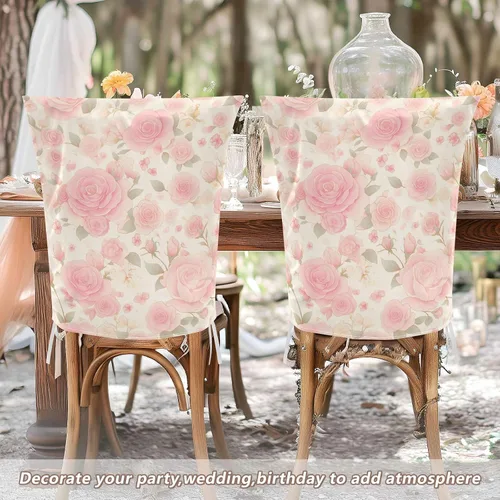Vista 6 de Juego de 6 fundas decorativas románticas para sillas de comedor con diseño de rosas rosadas para sala de estar, fiestas de cumpleaños, fundas