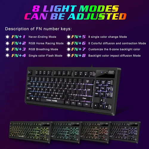 Vista 4 de Combo de teclado y mouse RGB para juegos 87 teclas teclado para juegos con cable USB sensación mecánica retroiluminada con 7200 DPI para PC MAC PS4
