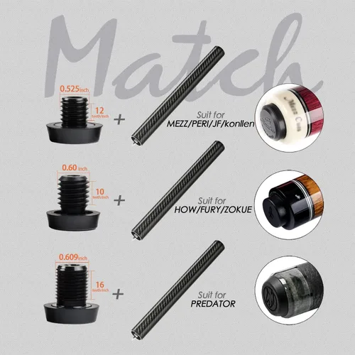 Vista 6 de KONLLEN Pool Cue Extension, Carbon Fiber Billiard Extension with 3 Rear-End Adapters, Bullet-Style Threaded Connection, Available in 2" 3" 4" 6" 8