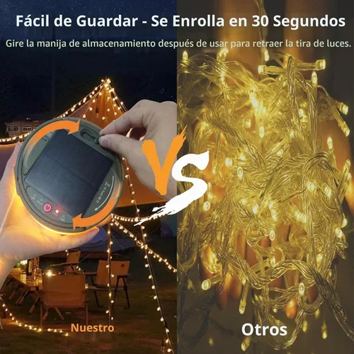 Vista 6 de Guirnalda de luces solares para campamento, 39.4 pies, portátil, impermeable, con 8 modos de iluminación, funciona con energía solar y recargable