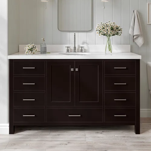 Vista 89 de ARIEL Cambridge tocador de baño con fregadero, madera maciza, encimera y protector contra salpicaduras de cuarzo blanco puro de 1.5 pulgadas