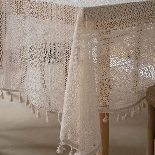Vista 5 de Mantel bohemio hecho a mano con diamantes de ganchillo, mantel de lino bordado beige para boda, mantel cuadrado elegante para decoración de mesa