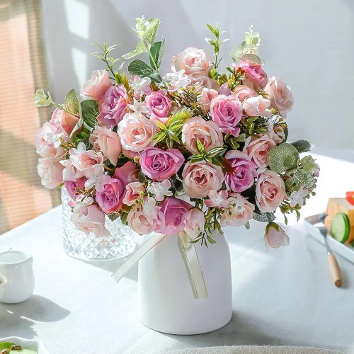 Vista 11 de LESING Flores Artificiales Falsas con Jarrón Rosas Artificiales de Seda Ramos de Flores de Boda Decoración para Hogar Oficina Fiesta Sala