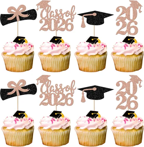 Vista 30 de Paquete de 24 adornos para cupcakes de clase de 2026 con purpurina 2026 para diploma de graduación 2026, selecciones para cupcakes para graduación