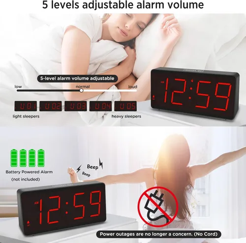 Vista 4 de Peakeep Reloj despertador digital con pilas para dormitorios con números Dígitos rojos