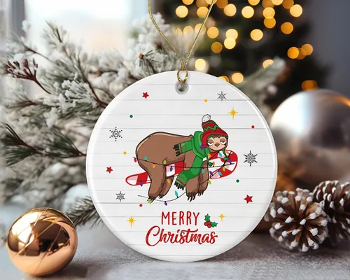 Vista 2 de Merry Christmas Sloth Ornament, 2024 Christmas Ornament, Sloth Christmas Light Ornament, Kids Christmas Ornament, Animal Christmas Ornament Printed