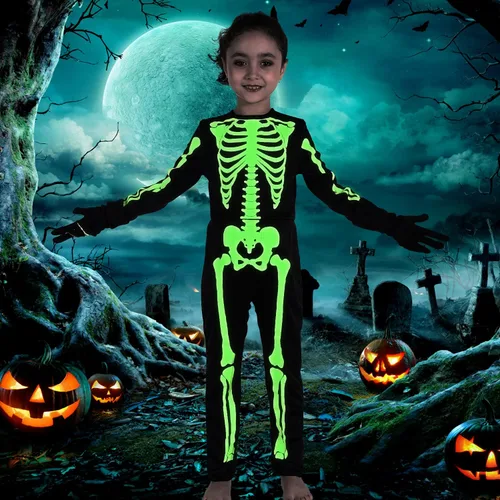 Vista 7 de Disfraz de esqueleto con brillo en la oscuridad para niños, niños pequeños, vestido de fiesta de Halloween para niñas y niños