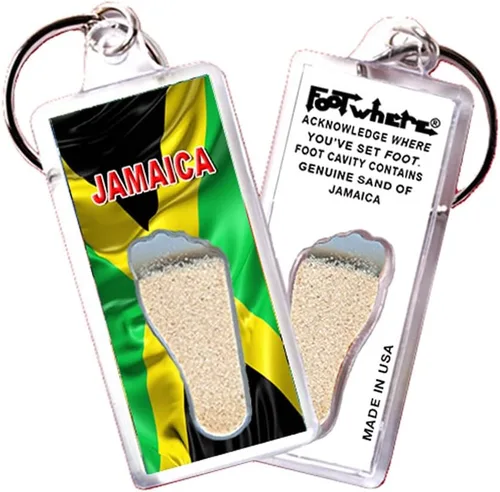 Vista 3 de Jamaica FootWhere Souvenir Llaveros. Juego de 6 piezas. Auténtico recuerdo de destino que reconoce dónde has puesto pie. Suelo genuino de ubicación