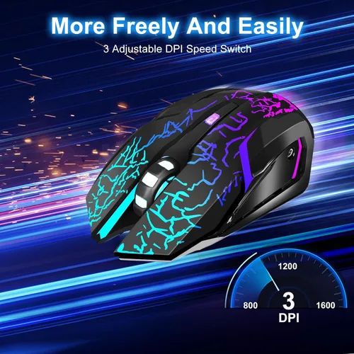 Vista 3 de Mouse inalámbrico para juegos, mouse inalámbrico recargable con carga rápida tipo C, mouse ergonómico con 3 DPI ajustables, 6 botones silenciosos