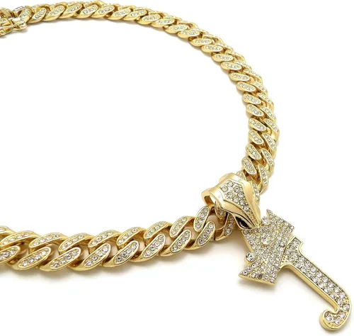 Vista 2 de BLINGFACTORY Colgante de cadena cubana con inicial de alfabeto de Hip Hop y 0.472in de 18 pulgadas con cerradura completa de caja de hielo