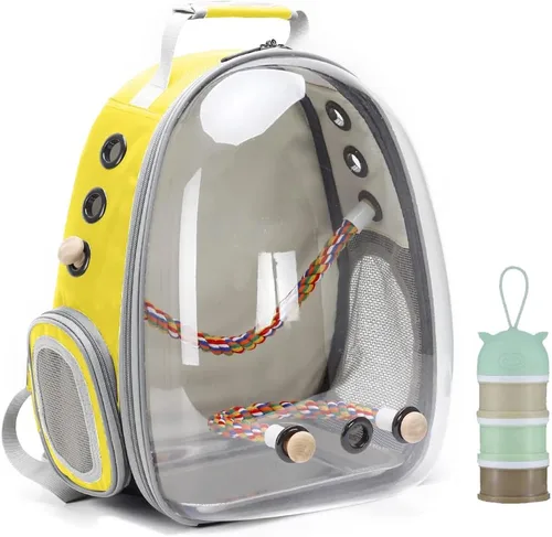 Vista 16 de Jaula de transporte de pájaros, cápsula de espacio transparente, mochila de astronauta para llevar periquitos, cacatúas, loro con bandeja de metal