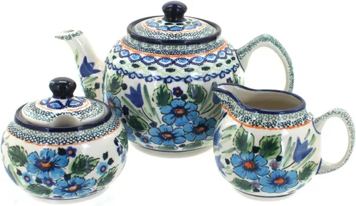 Vista 4 de Juego de té pequeño de tres piezas de pavo real de cerámica polaca de rosa azul