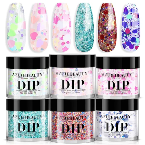 Vista 18 de AZUREBEAUTY - Juego de uñas en polvo para inmersión, rojo navideño, borgoña, rosa, baya, brillo, blanco, plata, purpurina, 6 colores, kit
